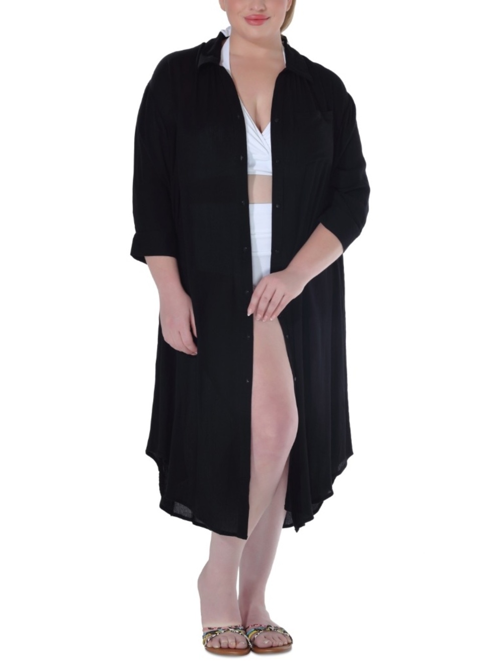 Raviya Plus Size Button-Down MIDI Cover-up Dress - Black - Picture 3 of 3